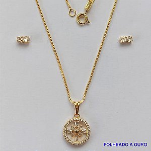 CONJUNTO FOLHEADO A OURO - BANHADO COM 5 MILÉSIMOS + VERNIZ DIAMOND - (CJB718) CONJUNTO COM CORRENTE VENEZIANA 45CM E PINGENTE REDONDO COM PEDRAS EM ZIRCÔNIAS CRISTAIS 13MM - FECHO REDONDO - OURO186