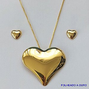 CONJUNTO FOLHEADO A OURO - BANHADO COM 5 MILÉSIMOS + VERNIZ DIAMOND - (CJA814) CONJUNTO COM CORRENTE VENEZIANA 45CM E PINGENTE CORAÇÃO LISO 37X40MM - FECHO REDONDO - OURO188