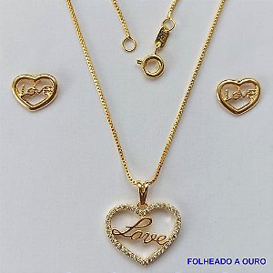 CONJUNTO FOLHEADO A OURO - BANHADO COM 5 MILÉSIMOS + VERNIZ DIAMOND - (CJB715) CONJUNTO COM CORRENTE VENEZIANA 45CM E PINGENTE CORAÇÃO VAZADO CRAVEJADO EM MICROS ZIRCÔNIAS 11X14MM - FECHO REDONDO - OURO189