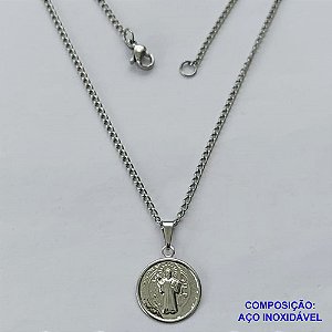 GARGANTILHA EM AÇO INOXIDÁVEL(CX67) - (AÇO01) CORRENTE 50CM COM PINGENTE MEDALHA SÃO BENTO 14MM - FECHO LAGOSTA - AÇO1300