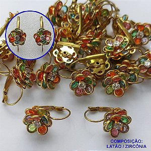 BRINCO NO BRUTO PRONTO PARA O BANHO(CX73) - BRINCO ARGOLINHA DE PRESSÃO (TRANQUETA) FLOR CRAVEJADO EM ZIRCÔNIAS COLORIDAS - TAMANHO 14MM - PESO TOTAL 4,3GR - BRU13437