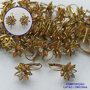 BRINCO NO BRUTO PRONTO PARA O BANHO(CX68) - BRINCO ARGOLINHA DE PRESSÃO (TRANQUETA) FLOR CRAVEJADO EM ZIRCÔNIAS COLORIDAS - TAMANHO 15MM - PESO TOTAL 3,2GR - BRU13439