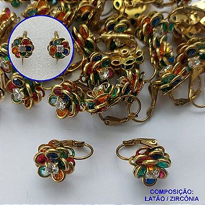 BRINCO NO BRUTO PRONTO PARA O BANHO(CX66) - BRINCO ARGOLINHA DE PRESSÃO (TRANQUETA) FLOR CRAVEJADO EM ZIRCÔNIAS COLORIDAS - TAMANHO 13MM - PESO TOTAL 3,4GR - BRU13440