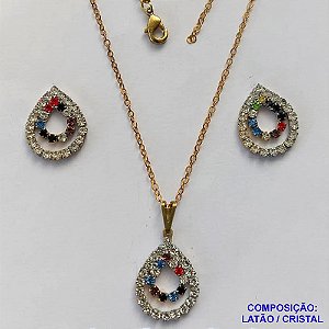 CONJUNTO NO BRUTO PRONTO PARA O BANHO(CX68) - CONJUNTO CORRENTE CADEADO 45CM E PINGENTES GOTAS VAZADAS COM CRISTAIS 15X21MM - COMPOSIÇÃO: LATÃO / CRISTAL - PESO TOTAL 4,3GR - BRU13449