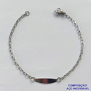 PULSEIRA EM AÇO INOXIDÁVEL(CX70) - (AÇO12) PULSEIRA INFANTIL COM CORRENTE 14CM COM PLAQUINHA PARA GRAVAÇÃO 4X18MM - COMPOSIÇÃO: AÇO INOXIDÁVEL - AÇO1315