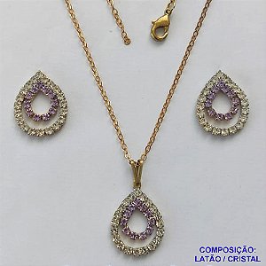 CONJUNTO NO BRUTO PRONTO PARA O BANHO(CX70) - CONJUNTO CORRENTE CADEADO 45CM E PINGENTES GOTAS VAZADAS COM CRISTAIS 15X21MM - COMPOSIÇÃO: LATÃO / CRISTAL - PESO TOTAL 4,3GR - BRU13467
