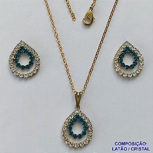 CONJUNTO NO BRUTO PRONTO PARA O BANHO(CX70) - CONJUNTO CORRENTE CADEADO 45CM E PINGENTES GOTAS VAZADAS COM CRISTAIS 15X21MM - COMPOSIÇÃO: LATÃO / CRISTAL - PESO TOTAL 4,3GR - BRU13471