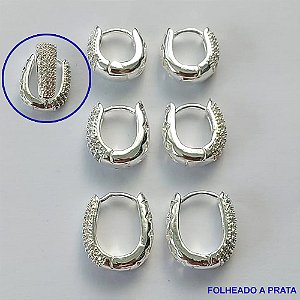 BRINCO FOLHEADO A PRATA(CX73) - BRINCO DE TRIO ARGOLA CRAVEJADOS EM MICROS ZIRCÔNIAS TAMANHOS 12/14/16MM LARGURA 6MM - PRA010