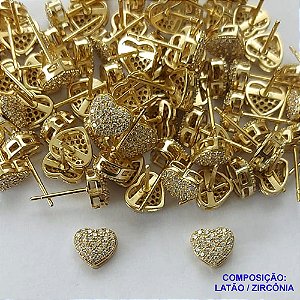 BRINCO NO BRUTO PRONTO PARA BANHO(CX74) - BRINCO DE PINO CORAÇÃO CRAVEJADOS EM MICROS ZIRCÔNIAS 7MM - PESO: 1GR - BRU13497