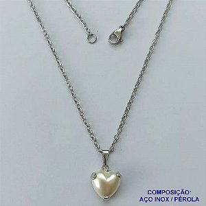 GARGANTILHA EM AÇO INOXIDÁVEL - (AÇO03) GARGANTILHA COM CORRENTE 50CM E PINGENTE CORAÇÃO EM PÉROLA 12MM - FECHO LAGOSTA - COMPOSIÇÃO: AÇO INOXIDÁVEL / RESINA - AÇO1345