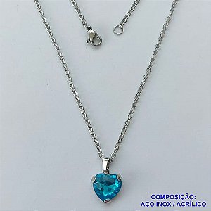 GARGANTILHA EM AÇO INOXIDÁVEL - (AÇO03) GARGANTILHA COM CORRENTE 50CM E PINGENTE CORAÇÃO EM ACRÍLICO AZUL 12MM - FECHO LAGOSTA - COMPOSIÇÃO: AÇO INOXIDÁVEL / ACRÍLICO - AÇO1346
