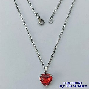 GARGANTILHA EM AÇO INOXIDÁVEL - (AÇO03) GARGANTILHA COM CORRENTE 50CM E PINGENTE CORAÇÃO EM ACRÍLICO VERMELHO 12MM - FECHO LAGOSTA - COMPOSIÇÃO: AÇO INOXIDÁVEL / ACRÍLICO - AÇO1348