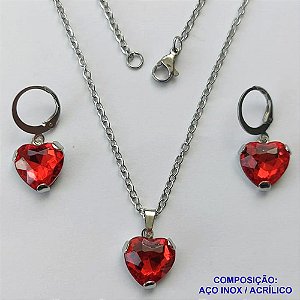 CONJUNTO EM AÇO INOXIDÁVEL - (AÇO03) CONJUNTO COM CORRENTE 50CM E BRINCOS ARGOLINHA DE PRESSÃO (TRANQUETA) COM PINGENTES CORAÇÕES EM ACRÍLICO VERMELHO 12MM - FECHO LAGOSTA - COMPOSIÇÃO: AÇO INOXIDÁVEL / ACRÍLICO - AÇO1354