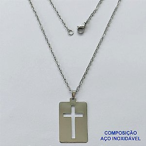 GARGANTILHA EM AÇO INOXIDÁVEL(CX80) - (BCOL033) CORRENTE ELO PORTUGUÊS 50CM (E1320) COM PINGENTE RETANGULAR CRUCIFIXO VAZADO 20X30MM - FECHO LAGOSTA - AÇO1367