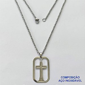 GARGANTILHA EM AÇO INOXIDÁVEL (CX80)- (BCOL033) CORRENTE ELO PORTUGUÊS 50CM (E1322) COM PINGENTE RETANGULAR CRUCIFIXO VAZADO 18X29MM - FECHO LAGOSTA - AÇO1368