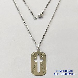 GARGANTILHA EM AÇO INOXIDÁVEL -(CX80) (ACO07) CORRENTE ELO PORTUGUÊS 50CM (E1323) COM PINGENTE RETANGULAR CRUCIFIXO VAZADO 19X30MM - FECHO LAGOSTA - AÇO1369