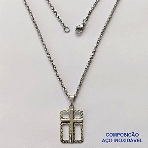GARGANTILHA EM AÇO INOXIDÁVEL (CX80)- (BCOL033) CORRENTE ELO PORTUGUÊS 50CM (E1287) COM PINGENTE RETANGULAR CRUCIFIXO VAZADO 14X20MM - FECHO LAGOSTA - AÇO1370