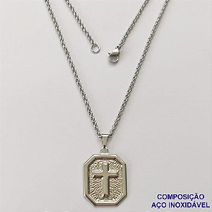 GARGANTILHA EM AÇO INOXIDÁVEL (CX83)- (BCOL033) CORRENTE ELO PORTUGUÊS 50CM (E1263) COM PINGENTE RETANGULAR CRUCIFIXO 18X25MM - FECHO LAGOSTA - AÇO1372