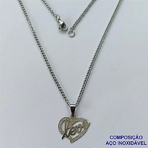 GARGANTILHA EM AÇO INOXIDÁVEL(CX83) - GARGANTILHA COM PINGENTE CORAÇÃO VAZADO ESCRITO LOVE 17MM - TAMANHO: 45CM - COMPOSIÇÃO: AÇO INOXIDÁVEL - AÇO1382