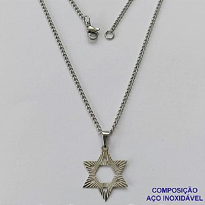 GARGANTILHA EM AÇO INOXIDÁVEL(CX83) - GARGANTILHA COM PINGENTE ESTRELA DE DAVI 17MM - TAMANHO: 45CM - COMPOSIÇÃO: AÇO INOXIDÁVEL - AÇO1386