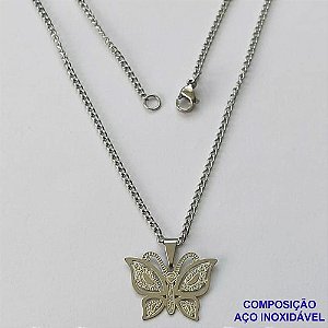 GARGANTILHA EM AÇO INOXIDÁVEL(CX85) - GARGANTILHA COM PINGENTE BORBOLETA DESENHADA 20MM - TAMANHO: 45CM - COMPOSIÇÃO: AÇO INOXIDÁVEL - AÇO1395