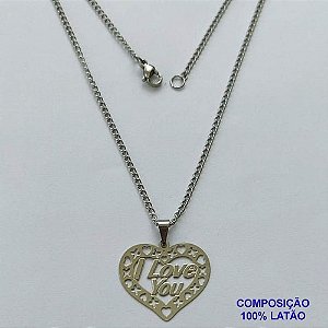 GARGANTILHA EM AÇO INOXIDÁVEL(CX85) - GARGANTILHA COM PINGENTE CORAÇÃO VAZADO ESCRITO I LOVE YOU 24MM - TAMANHO: 45CM - COMPOSIÇÃO: AÇO INOXIDÁVEL - AÇO1398