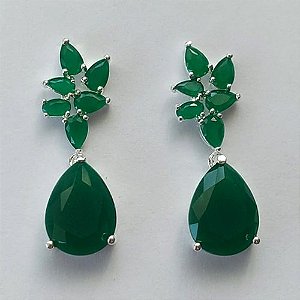 BRINCO FOLHEADO A PRATA COM 50 MILÉSIMOS + VERNIZ DIAMOND - BRINCO COM ZIRCÔNIAS VERDES 10X36MM - PRA023