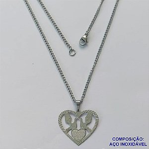 GARGANTILHA EM AÇO INOXIDÁVEL (CX89) - GARGANTILHA COM PINGENTE CORAÇÃO E ESPÍRITO SANTO 24MM - TAMANHO: 45CM - COMPOSIÇÃO: AÇO INOXIDÁVEL - AÇO1450