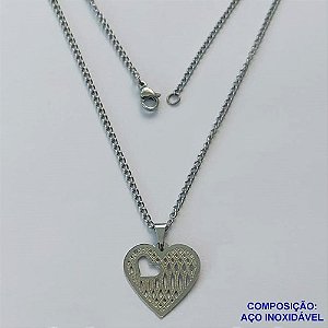 GARGANTILHA EM AÇO INOXIDÁVEL (CX89) - GARGANTILHA COM PINGENTE CORAÇÃO VAZADO 19MM - TAMANHO: 45CM - COMPOSIÇÃO: AÇO INOXIDÁVEL - AÇO1453