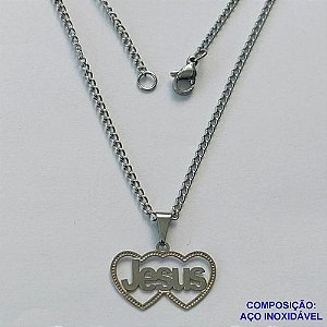 GARGANTILHA EM AÇO INOXIDÁVEL (CX89) - GARGANTILHA COM PINGENTE CORAÇÃO VAZADO ESCRITO JESUS 20MM - TAMANHO: 45CM - COMPOSIÇÃO: AÇO INOXIDÁVEL - AÇO1455