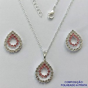 CONJUNTO FOLHEADO A PRATA COM 50 MILÉSIMOS + VERNIZ DIAMOND - CONJUNTO CORRENTE CADEADO 45CM E PINGENTES GOTAS VAZADAS COM CRISTAIS 15X21MM   FECHO LAGOSTA PRA031