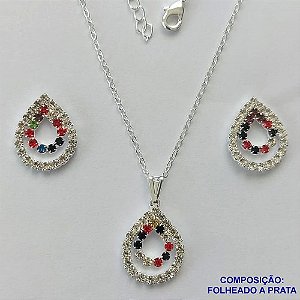 CONJUNTO FOLHEADO A PRATA COM 50 MILÉSIMOS + VERNIZ DIAMOND - CONJUNTO CORRENTE CADEADO 45CM E PINGENTES GOTAS VAZADAS COM CRISTAIS 15X21MM   FECHO LAGOSTA PRA032