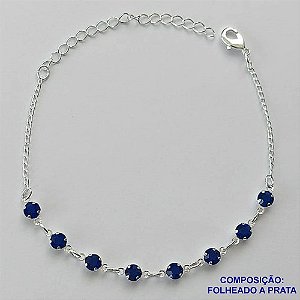PULSEIRA FOLHEADO A PRATA COM 50 MILÉSIMOS + VERNIZ DIAMOND - PULSEIRA 15CM COM STRASS AZUÍS + EXTENSOR FECHO LAGOSTA PRA033
