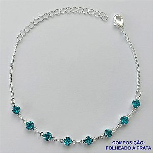 PULSEIRA FOLHEADO A PRATA COM 50 MILÉSIMOS + VERNIZ DIAMOND - PULSEIRA 15CM COM STRASS AZUÍS + EXTENSOR FECHO LAGOSTA PRA034