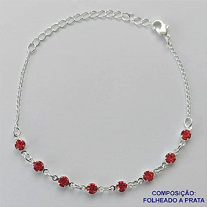 PULSEIRA FOLHEADO A PRATA COM 50 MILÉSIMOS + VERNIZ DIAMOND - PULSEIRA 15CM COM STRASS VERMELHA + EXTENSOR FECHO LAGOSTA PRA036