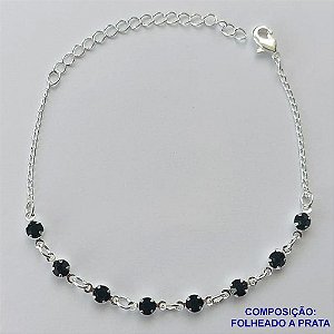 PULSEIRA FOLHEADO A PRATA COM 50 MILÉSIMOS + VERNIZ DIAMOND - PULSEIRA 15CM COM STRASS PRETO + EXTENSOR FECHO LAGOSTA PRA038