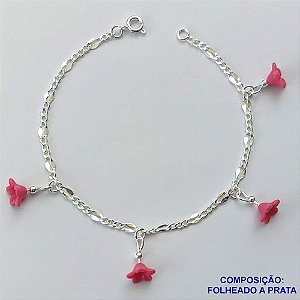 PULSEIRA FOLHEADO A PRATA COM 50 MILÉSIMOS + VERNIZ DIAMOND - PULSEIRA 19CM COM FLORZINHAS ROSAS PRA039