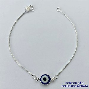 PULSEIRA FOLHEADO A PRATA COM 50 MILÉSIMOS + VERNIZ DIAMOND - PULSEIRA 18CM RABO DE RATO COM OLHO  GREGO 10MM PRA040