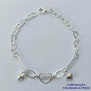 PULSEIRA FOLHEADO A PRATA COM 50 MILÉSIMOS + VERNIZ DIAMOND - PULSEIRA 17CM CORAÇÃO AMOR VAZADO E MINI CORAÇÕES PRA042