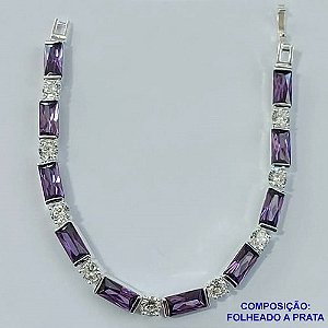 PULSEIRA FOLHEADO A PRATA COM 50 MILÉSIMOS + VERNIZ DIAMOND - PULSEIRA 18CM COM ZIRCÔNIAS CRISTAIS E ROXA COM TRAVA PRA043