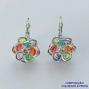BRINCO FOLHEADO A PRATA COM 50 MILÉSIMOS + VERNIZ DIAMOND - BRINCO FLOR DE ZIRCÔNIAS COLORIDAS 13MM PRA045