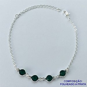 PULSEIRA FOLHEADO A PRATA COM 50 MILÉSIMOS + VERNIZ DIAMOND -  PULSEIRA 16CM COM PEDRA CRISTAL VERDE + EXTENSOR PRA047