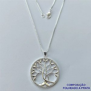 GARGANTILHA FOLHEADO A PRATA COM 50 MILÉSIMOS + VERNIZ DIAMOND - GARGANTILHA CORRENTE VENEZIANA 45CM COM PINGENTE ÁRVORE DA VIDA COM MICRO ZIRCÔNIAS 29MM + EXTENSOR PRA048
