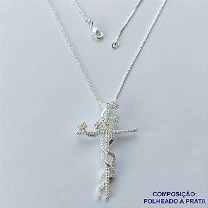 GARGANTILHA FOLHEADO A PRATA COM 50 MILÉSIMOS + VERNIZ DIAMOND - GARGANTILHA CORRENTE VENEZIANA 45CM COM PINGENTE CRUCIFIXO CRAVEJADO COM MICRO ZIRCÔNIAS 29X47MM PRA049