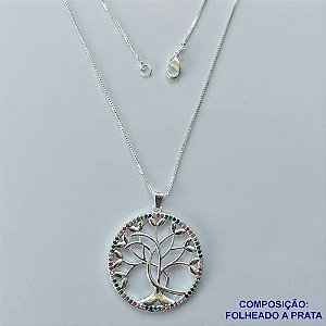 GARGANTILHA FOLHEADO A PRATA COM 50 MILÉSIMOS + VERNIZ DIAMOND - GARGANTILHA CORRENTE VENEZIANA 45CM COM PINGENTE ÁRVORE DA VIDA COM MICRO ZIRCÔNIAS COLORIDAS 29MM PRA051