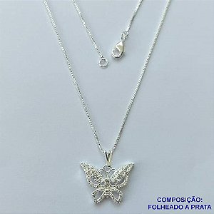 GARGANTILHA FOLHEADO A PRATA COM 50 MILÉSIMOS + VERNIZ DIAMOND - GARGANTILHA CORRENTE VENEZIANA 45CM COM PINGENTE BORBOLETA COM MICRO ZIRCÔNIAS 22MM PRA052
