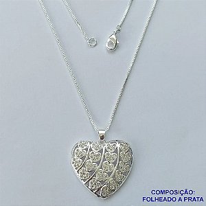 GARGANTILHA FOLHEADO A PRATA COM 50 MILÉSIMOS + VERNIZ DIAMOND - GARGANTILHA CORRENTE VENEZIANA 45CM COM PINGENTE CORAÇÃO COM MICRO ZIRCÔNIAS 26MM PRA053