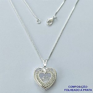 GARGANTILHA FOLHEADO A PRATA COM 50 MILÉSIMOS + VERNIZ DIAMOND - GARGANTILHA CORRENTE VENEZIANA 45CM COM PINGENTE CORAÇÃO COM MICRO ZIRCÔNIAS 17MM PRA054