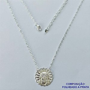 GARGANTILHA FOLHEADO A PRATA COM 50 MILÉSIMOS + VERNIZ DIAMOND - GARGANTILHA CORRENTE CADEADO 45CM COM PINGENTE JESUS CRISTO 17MM PRA055