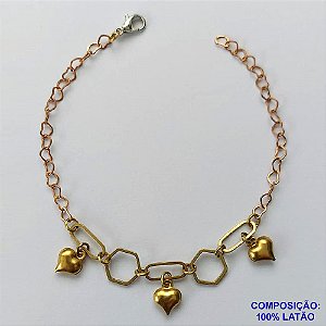 PULSEIRA NO BRUTO PRONTO PARA O BANHO(CX90) - PULSEIRA COM CORAÇÕES E PINGENTES VAZADOS - TAMANHO 18CM - PESO 2,5GR - FECHO LAGOSTA - BRU13567